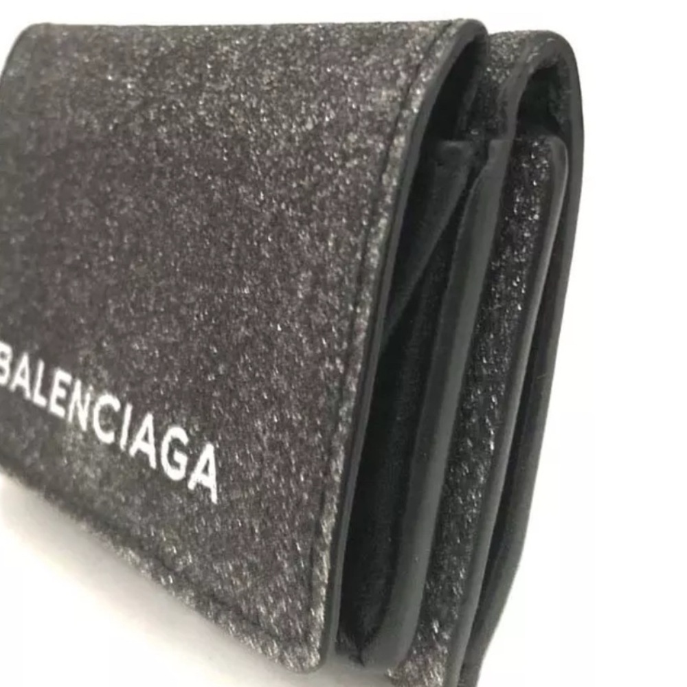 Authentic BALENCIAGA Logo Glitter Leather Trifold Wallet Black with box - Picture 11 of 15